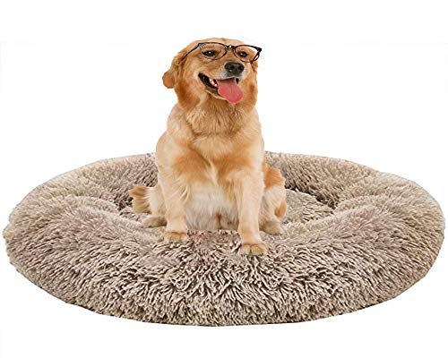 HANHAN Beruhigendes Donut-Hundebett, mittel/extra groß, XL, Anti-Angstzustände, orthopädisches Plüschkissen, Jumbo, flauschig, rund, warmes Sofa für Labrador, Schlaf, braun von HANHAN