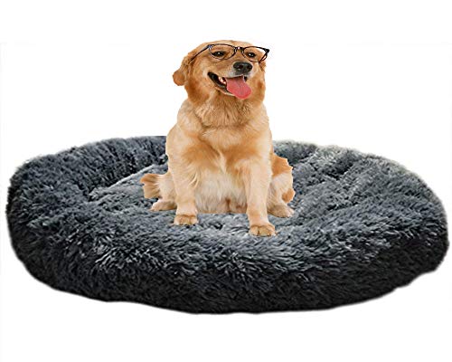 HANHAN Beruhigendes Donut-Hundebett, mittel/extra groß, XL, Anti-Angstzustände, orthopädisches Plüschkissen, Jumbo-flauschig, rund, warmes Sofa für Labrador, Schlaf, dunkelgrau von HANHAN