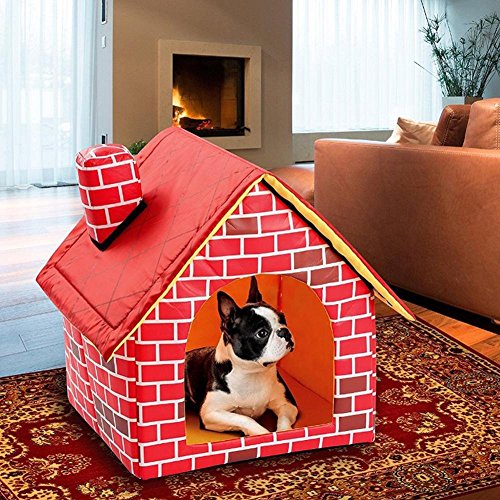 HANHAN Haustierbett mit Dach, Hundehöhle, Katzenhöhle, für drinnen und draußen, Hundehütte mit abnehmbarem kleinen roten Ziegelsteinen, personalisierbar, luxuriös, niedlich, kuschelig für den Winter von HANHAN
