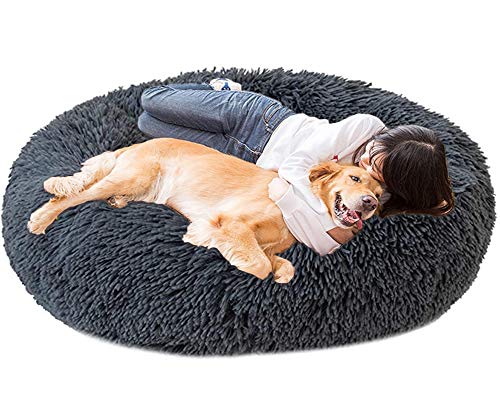 HANHAN Orthopädisches Hundebett in Donut-Form, Größe XL, gemütliches Haustiersofa, Korbgeflecht, mittelgroß, Plüschkissen, Schlafkorb, Angstzustände, waschbar von HANHAN