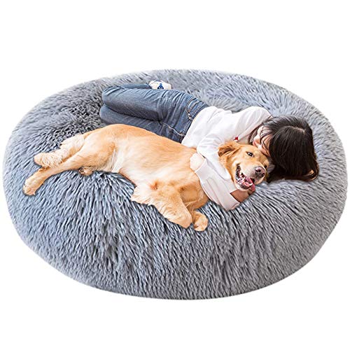 Jumbo Extra Large XXXL Hundebett Orthopädisches Donut Beruhigendes Anti-Angst-Kissen Flauschiges Plüsch Sofa Geflecht Beheizte Höhle XXL Schlafkorb XL Waschbar Medium Grau von HANHAN