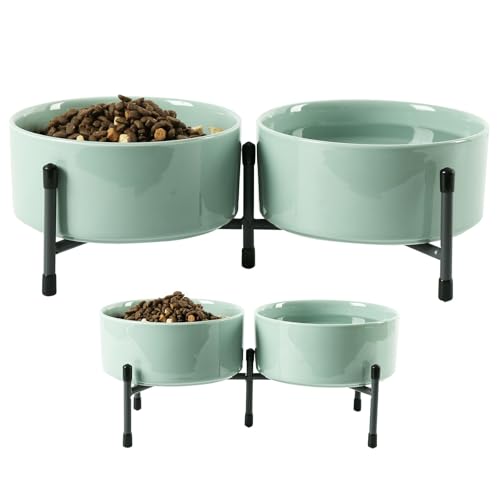 Erhöhter Hundenapf mit verstellbarem Metallständer, 15,2 cm, erhöhter Keramik-Hundenapf für Futter und Wassernapf, Doppel-Futternapf für kleine und mittelgroße Rassen, Hellgrün, 2 Stück von HANJION