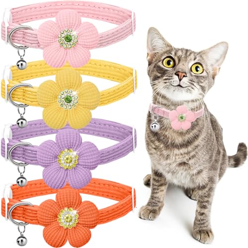 HANSHILAI Katzenhalsband, Katzenhalsband mit Glöckchen, niedliches Katzenhalsband für Mädchen und Jungen mit Blume, Halsband para Gatos (2 Stück) (Gelb & Rosa & Orange & Lila) von HANSHILAI