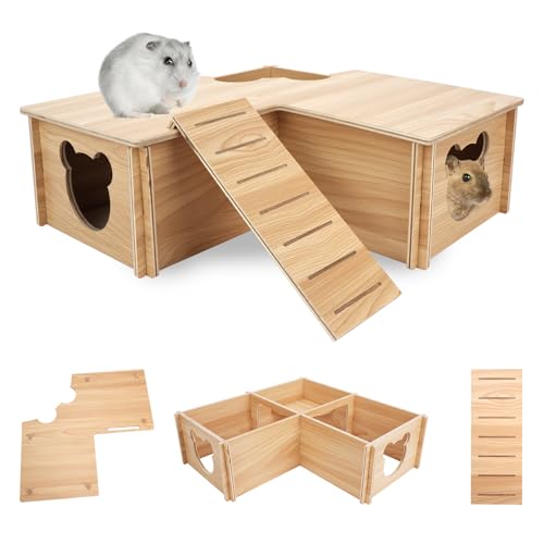 Hamsterhaus Labyrinth, Holz Hamster Versteck, Mehrkammer Hamster Versteck Haus mit Kletterleiter, hölzerne Lebensräume Dekor Käfig Zubehör für kleine Tiere, Mäuse Gerbils (3 Zimmer, 33x33x11,5 cm) von HAOTIAN-X