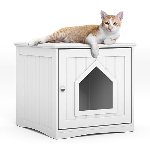 HAPPAWS Katzentoiletten-Möbel, moderne Katzentoiletten-Möbel, versteckt, stabiler Nachttisch aus Holz und Katzenhaus-Beistelltisch, einfache Montage, passend für die meisten Katzentoiletten, Weiß von HAPPAWS