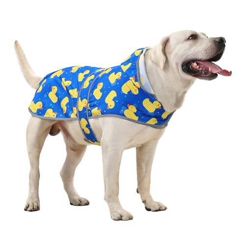 Happiere Hunde-Regenmantel für große Hunde, wasserdichte Regenjacke mit Kapuze und reflektierenden Streifen, Loch für die Leine und Poncho, verstellbare Passform (ShinyDuck, XXL) von HAPPIERE