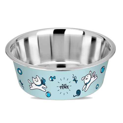 Happinesque Hundenäpfe aus Edelstahl und Kunststoff, Katzennäpfe (1er-Set) – rutschfester Wassernapf für Hunde – Katzenwassernapf – spülmaschinenfest – 400 ml – 12,3 cm (helltürkiser Spielzeitdruck) von HAPPINESQUE