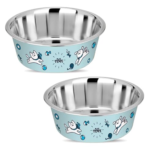 Happinesque Hundenäpfe aus Edelstahl und Kunststoff, Katzennäpfe (2er-Set) – rutschfester Wassernapf für Hunde | Katzen-Wassernapf – spülmaschinenfest – 400 ml – 12,3 cm (helltürkiser Spielzeitdruck) von HAPPINESQUE