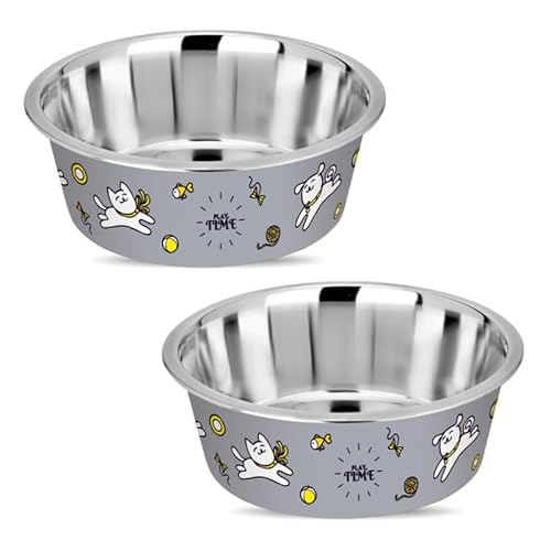 Happinesque Hundenäpfe aus Edelstahl und Kunststoff, Katzennäpfe (2er-Set) – rutschfester Wassernapf für Hunde | Katzen-Wassernapf – spülmaschinenfest – 750 ml – 15,4 cm (Rhino Grey Playtime Print) von HAPPINESQUE