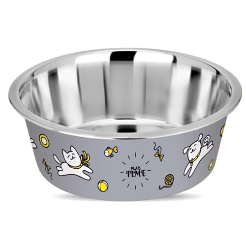 Happinesque Hundenapf aus Edelstahl und Kunststoff, Katzennäpfe (1 Stück) – rutschfester Wassernapf für Hunde – Katzenwassernapf – spülmaschinenfest – 750 ml – 15,4 cm (Rhino Grey Playtime Print) von HAPPINESQUE
