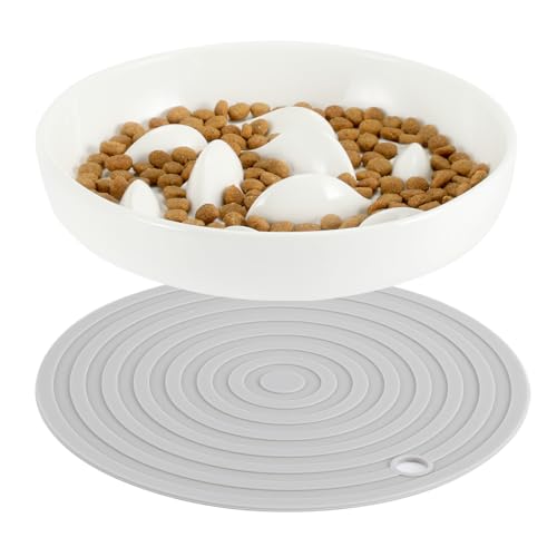 HAPPY HACHI Anti Schling Napf Katze Keramik, Slow Feeder Katze Nassfutter Mit Anti Rutsch Matte, Hoher Kante gegen Herausfallen Antischlingnapf für Katzen und Kleine Hunde (Weiß) von HAPPY HACHI