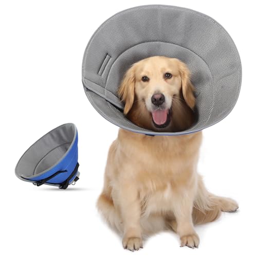 HAPPY HACHI Halskrause, Atmungsaktive Comfy Cone, Verstellbar Genesungshalsband für Hunde, Vorbeugung von Biss- und Leckwunden Weich Schutzkragen Nach Operationen (Blau, M) von HAPPY HACHI