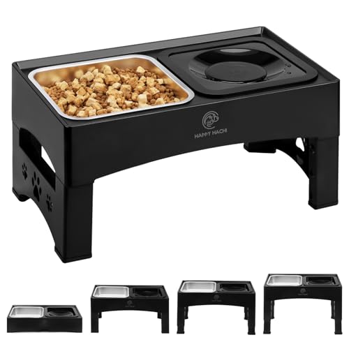 HAPPY HACHI Hundenapf Erhöht,Futterstation Langsamfütterer Wassernapf Ohne Sabbern mit 4 Höhenverstellbar Napfständer,Futterstation für Große Mittlere und Kleine Hunde (Schwarz-Silber) von HAPPY HACHI