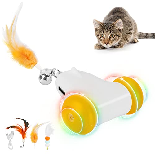 HAPPY HACHI Katzenspielzeug Selbstbeschäftigung, Katzenspielzeug Elektrisch mit 3 Fedem, 2 Geschwindigkeiten, LED-Farbrad, Spielzeug für Katzen USB Aufladbar von HAPPY HACHI