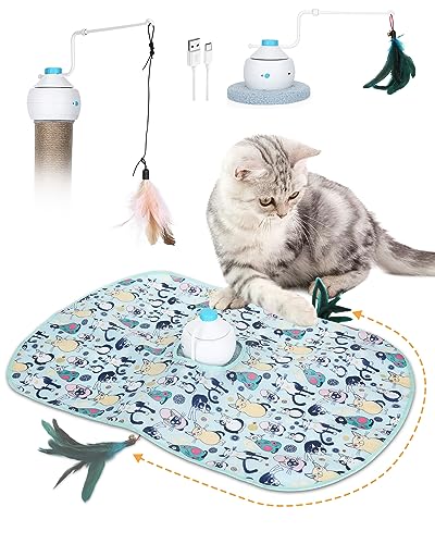 HAPPY HACHI Katzenspielzeug Selbstbeschäftigung, 3 IN 1 Interaktives Federspielzeug Katzen mit 360 Grad Automatik Rotierendes, USB Aufladbar Komplettset Katzenzubehör Elektrisch (Hellblau) von HAPPY HACHI