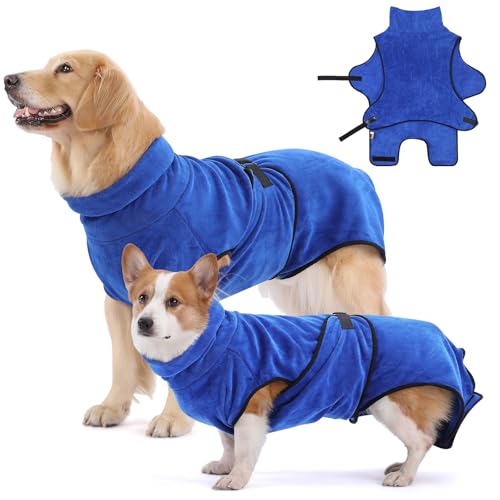 HAPPY HACHI Hunde Bademantel Mikrofaser Badetuch Hundebademantel Waschbare Super Saugfähig Feuchtigkeit Schnell Trocknend Handtuch Strandtuch für Kleine Mittlere und Große Hund Katze (Blau, L) von HAPPY HACHI