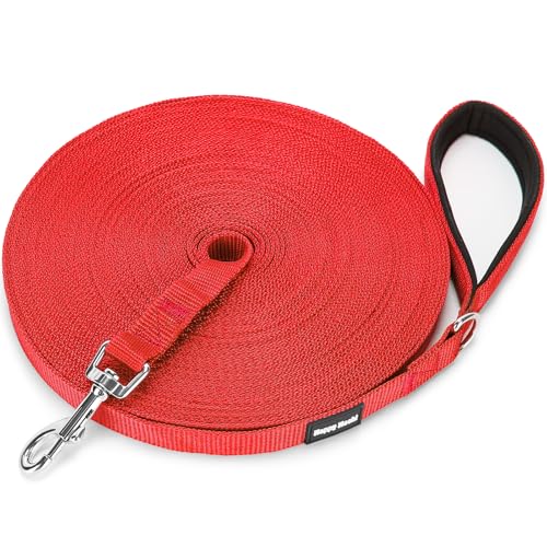 Schleppleine für Hunde, 3m /5m /10m /15m /20m /33m Nylon Hundeleine mit Robuste & Wetterfeste, Trainingsleine mit D-Karabiner und Griffpolster für Große bis Kleine Hunde (15m, Red) von HAPPY HACHI