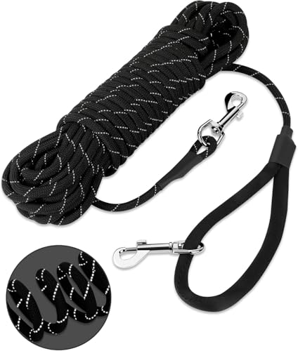 HAPPY HACHI Schleppleine für Hunde, Reflektierend Schleppleine Hundeleine mit Handschlaufe & 2 Karabinerhaken, Robuste Geflochten Trainingsleine für Kleine bis Große Hunde (Schwarz, 20m) von HAPPY HACHI
