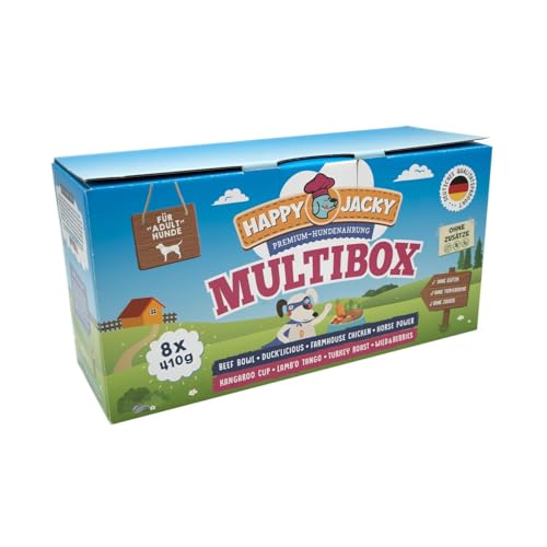 Happy Jacky sensitives High-Premium Nassfutter für Hunde ohne Getreide | 8 Verschiedene Sorten in der Entdeckerbox Multipack | für nahrungssensible Hunde, Zuckerfrei | 8x410g von HAPPY JACKY