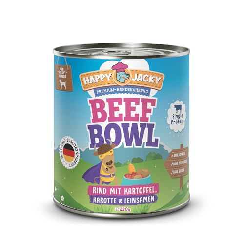 HAPPY JACKY – extra sensitives High-Premium Nassfutter für Hunde ohne Getreide - Rind mit Kartoffel, Karotte & Leinsamen - ohne Konservierungsstoffe, Zuckerfrei - 6x820g von HAPPY JACKY
