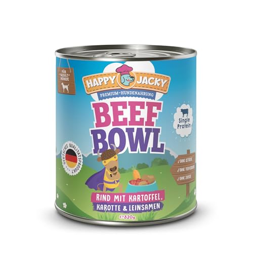 HAPPY JACKY | extra sensitives High-Premium Nassfutter für Hunde ohne Getreide | Rind mit Kartoffel, Karotte & Leinsamen | ohne Konservierungsstoffe, Zuckerfrei | 6x820g von HAPPY JACKY