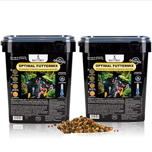 HAPPYKOI® Optimal Mix - Spezial Koi Fisch Futter Futtermix ausgewogen für Wachstum & Farbe mit Spirulina & Gammarus - 20,6 Liter (2X 10,3 Liter Eimer) Pellet Ø3 bis Ø6 mm von HAPPYKOI