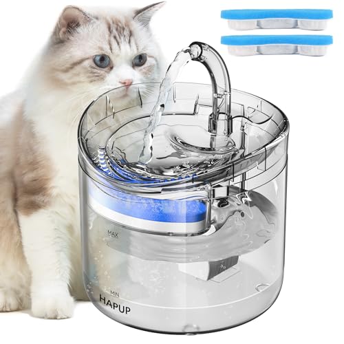 HAPUP Katzenbrunnen Trinkbrunnen Für Katzen Wasserspender 1,8L Transparentes Rundes Wasserfontäne mit 2 Auslaufmodus 2 Aktivkohlefilter 1 Ultra-leise Einstellbarer USB Pumpe von HAPUP