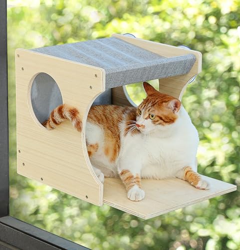 Fenster-Katzen-Sitzstange für den Innenbereich, stabile Holz-Kletterregale montiert mit robusten Saugnäpfen, Eckfenstersitz zum Übersehen und Schlafen (rechts) von HAPYKITYS