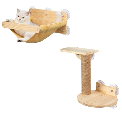 Katzen-Fenster-Hängematten-Bett, 4-teiliges Set, Katzenfenstersitz für Innenräume, Sitzstange mit zwei Ablagen und einem Kratzbaum, Sonnenmontage von HAPYKITYS