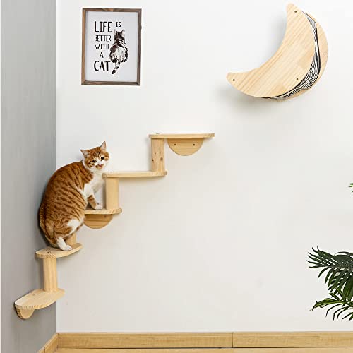 Katzenregal für Wandmontage, Hängematte mit 5 Ebenen Kletterleiter, Mond, Katzenregale und Sitzstangen für Aktivitäten, Innenbereich, Katzen, Wandmöbel (5 Stufen) von HAPYKITYS