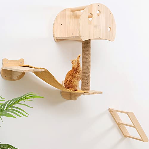 Wand montierbarer Katzenbaumhaus, Pilzkatzenscheibe für das Klettern an der Wand, ausmassivem Holz bestehendes Innenkatzenwandmöbel (4 Stücke/Set) von HAPYKITYS