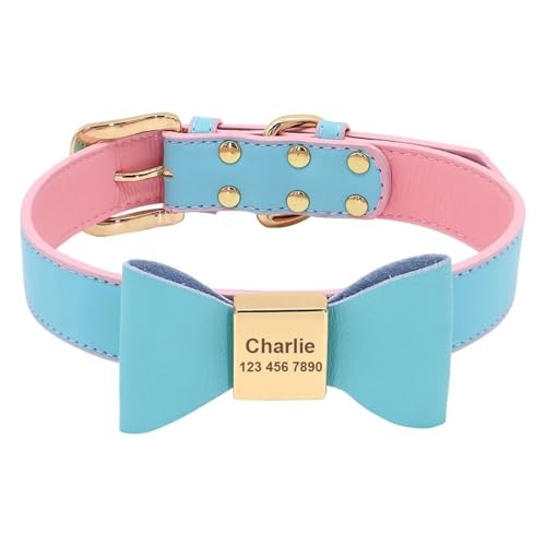 Benutzerdefinierte Anti-verlorene Weiche Bogenverstellbare PU Leder-Hunde Name Telefonnummer Kragen Für Pudel Mops Shiba Inu Beagle,Blau,M von HAQEPO