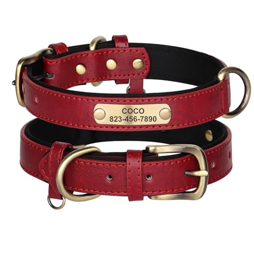 Benutzerdefinierte Verstellbare Anti-verlorene PU Leder-ID-Name Telefonnummer Hundekragen Hundekragen Für Bulldog Pudel Labrador Greyhound,Rot,XL von HAQEPO
