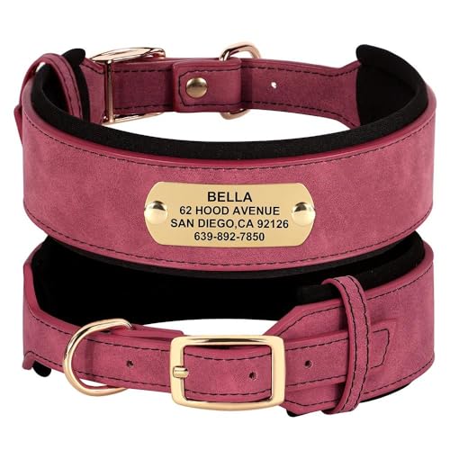 Breites Hundehalsband aus PU-Leder, personalisierbar, weich und bequem, Anti-Verlust, verstellbares Haustierhalsband, geeignet für Pit Bull Bulldogge, Französische Bulldogge, Rot, Größe L von YHTAKF
