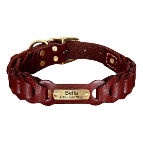 Custom Leder Mittelgroß Und Großer Hundehalsband Personalisierte Pitbull Bulldog Pudel Shiba Inu ID Telefonnummer Name Halsband,Rot,XL von HAQEPO