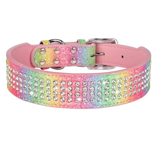 Glänzender Strassbreite Lederhundkragen 4 Reihen Voller Diamant Verstellbarer Pitbull Pudel Shiba Inu Bulldog Shepherd Hundehaller,A,XL von HAQEPO