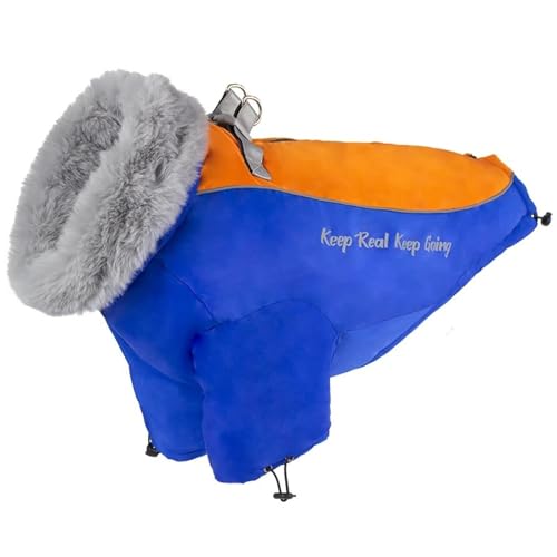 Großer Hundesteuerjacke Mit Pelzkragen Winter Fleece Warmes Wasserdichtes Labrador Shepherd Golden Retriever Bulldog Mantel,Blau,6XL von HAQEPO