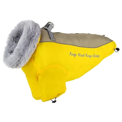 Großer Hundesteuerjacke Mit Pelzkragen Winter Fleece Warmes Wasserdichtes Labrador Shepherd Golden Retriever Bulldog Mantel,Gelb,2XL von HAQEPO