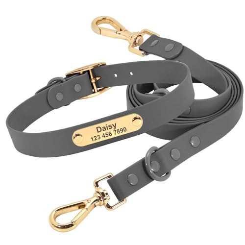 Hunde- und Katzenhalsband und Leine, aus PVC, wasserdicht, personalisierbar, verstellbar, Anti-Verlust-Halsband für Labrador, Französische Bulldogge, Grau, Größe S Hunde- und Katzenhalsband und Leine, aus PVC, wasserdicht, personalisierbar, verstellbar, Anti-Verlust-Halsband für Labrador, Französische Bulldogge, Grau, Größe S von HAQEPO