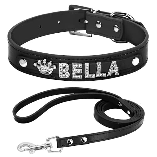 Hundehalsband-Leinen-Set für kleine und mittelgroße Hunde und Katzen, Strasssteine, mit Buchstaben-Anhänger für Chihuahua, Mops, Labrador, Schwarz, Größe XS von YHTAKF
