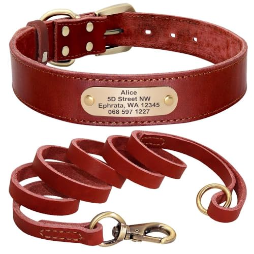 Hundehalsband aus Leder, mit Leine, personalisierbar, mit Namensschild, Halsband für Deutscher Schäferhund, Labrador, rotes Set, Größe L von HAQEPO