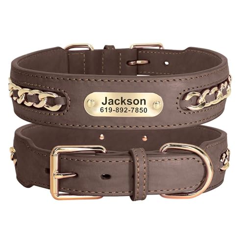 Hundehalsband aus Leder, mit Namensschild, Namensschild, personalisierbar, verstellbar, Zubehör für Mops, Chihuahua, Labrador, Braun, Größe XL Hundehalsband aus Leder, mit Namensschild, Namensschild, personalisierbar, verstellbar, Zubehör für Mops, Chihuahua, Labrador, Braun, Größe XL von HAQEPO