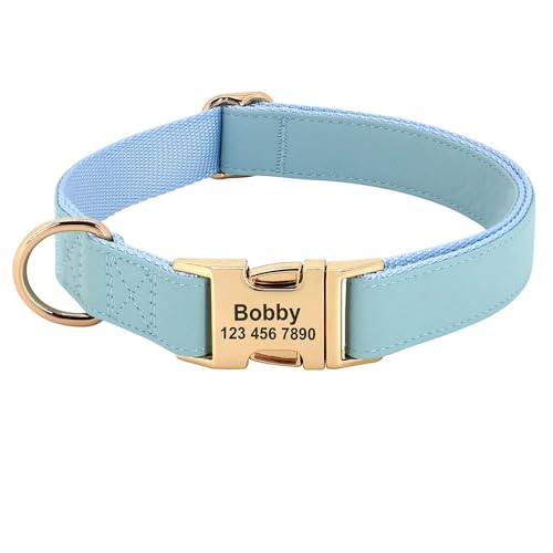 Hundehalsband aus Leder, personalisierbar, Anti-Verlust, verstellbar, einfarbig, Haustierhalsband für kleine und mittelgroße Hunde, Bulldogge, Mops, Chihuahua, Blau, Größe L Hundehalsband aus Leder, personalisierbar, Anti-Verlust, verstellbar, einfarbig, Haustierhalsband für kleine und mittelgroße Hunde, Bulldogge, Mops, Chihuahua, Blau, Größe L von YHTAKF