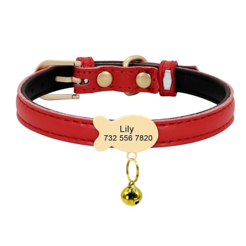 Hundehalsband aus Leder, personalisierbar, für kleine und mittelgroße Hunde und Katzen, mit Glockenfischschild, Rot, Größe XS Hundehalsband aus Leder, personalisierbar, für kleine und mittelgroße Hunde und Katzen, mit Glockenfischschild, Rot, Größe XS von HAQEPO