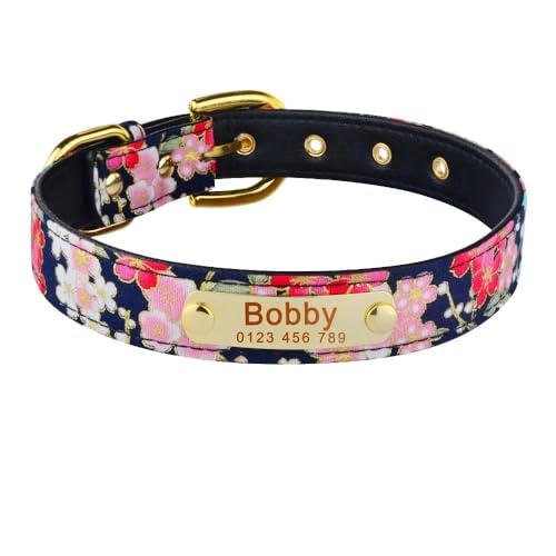 Hundehalsband aus Nylon mit Blumendruck, mit ID-Namensschild, individuell graviert, Anti-Verlust, verstellbar, personalisierbar, mit Schnalle für Chihuahua, Mops, Labrador, Schwarz, XS Hundehalsband aus Nylon mit Blumendruck, mit ID-Namensschild, individuell graviert, Anti-Verlust, verstellbar, personalisierbar, mit Schnalle für Chihuahua, Mops, Labrador, Schwarz, XS von HAQEPO