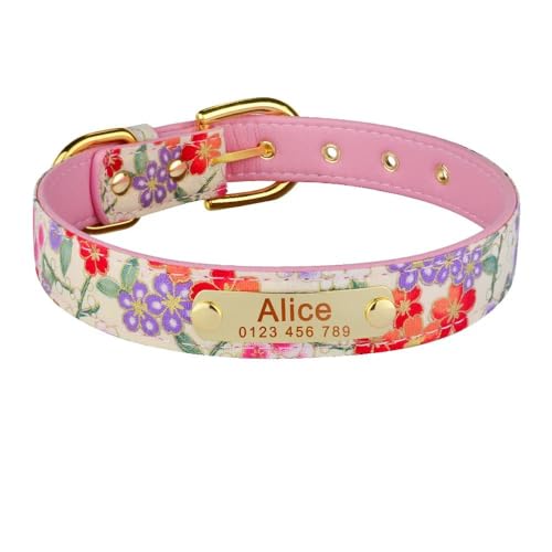 Hundehalsband aus Nylon mit Blumendruck, mit ID-Namensschild, individuell graviert, Anti-Verlust, verstellbares Haustierhalsband, Schnalle für Chihuahua, Mops, Labrador, A, XS von HAQEPO