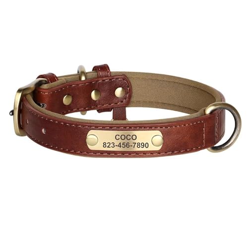 Hundehalsband aus PU-Leder, personalisierbar, Anti-Verlust-Halsband für Bulldogge, Labrador, Französische Bulldogge, Deutscher Schäferhund, Braun, Größe L von YHTAKF