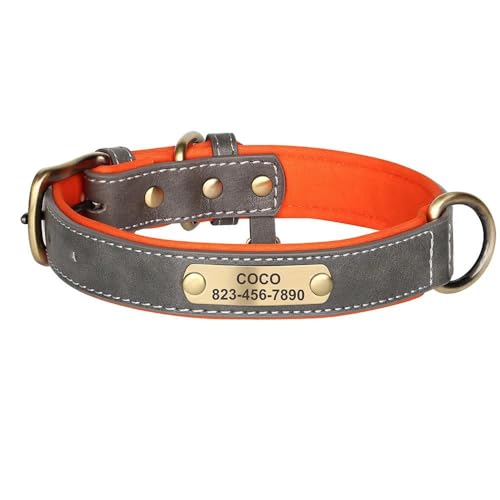 Hundehalsband aus PU-Leder, personalisierbar, mit ID-Tag, Namensschild, weich, bequem, verstellbar, für Labrador, Chihuahua, Mops, Grau, Größe M Hundehalsband aus PU-Leder, personalisierbar, mit ID-Tag, Namensschild, weich, bequem, verstellbar, für Labrador, Chihuahua, Mops, Grau, Größe M von HAQEPO