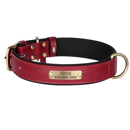 Hundehalsband aus PU-Leder, personalisierbar, mit ID-Tag, Namensschild, weich, bequem, verstellbar, für Labrador, Chihuahua, Mops, Rot, Größe M Hundehalsband aus PU-Leder, personalisierbar, mit ID-Tag, Namensschild, weich, bequem, verstellbar, für Labrador, Chihuahua, Mops, Rot, Größe M von HAQEPO