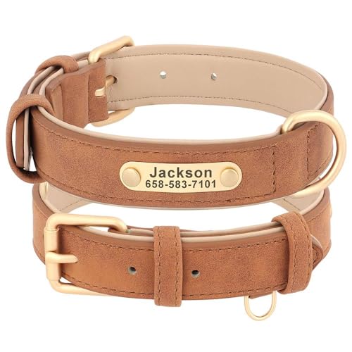 Hundehalsband aus PU-Leder, verstellbar, Anti-Verlust-Hundehalsband, personalisierbar, mit ID-Namensschild, Chihuahua, Pitbull, Labrador, Braun, Größe M von HAQEPO